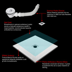 Piatto Doccia Bianco 76x76cm in Pietra Artificiale e Mesina Mista Effetto Ardesia Ruvido Piletta e Tubo inclusi Spessore di 3 cm