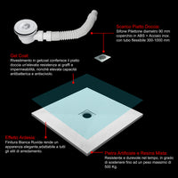 Piatto Doccia Bianco 80x80cm di Spessore da 3 cm in Pietra Artificiale e Mesina Mista Effetto Ardesia Ruvido Piletta e Tubo inclusi