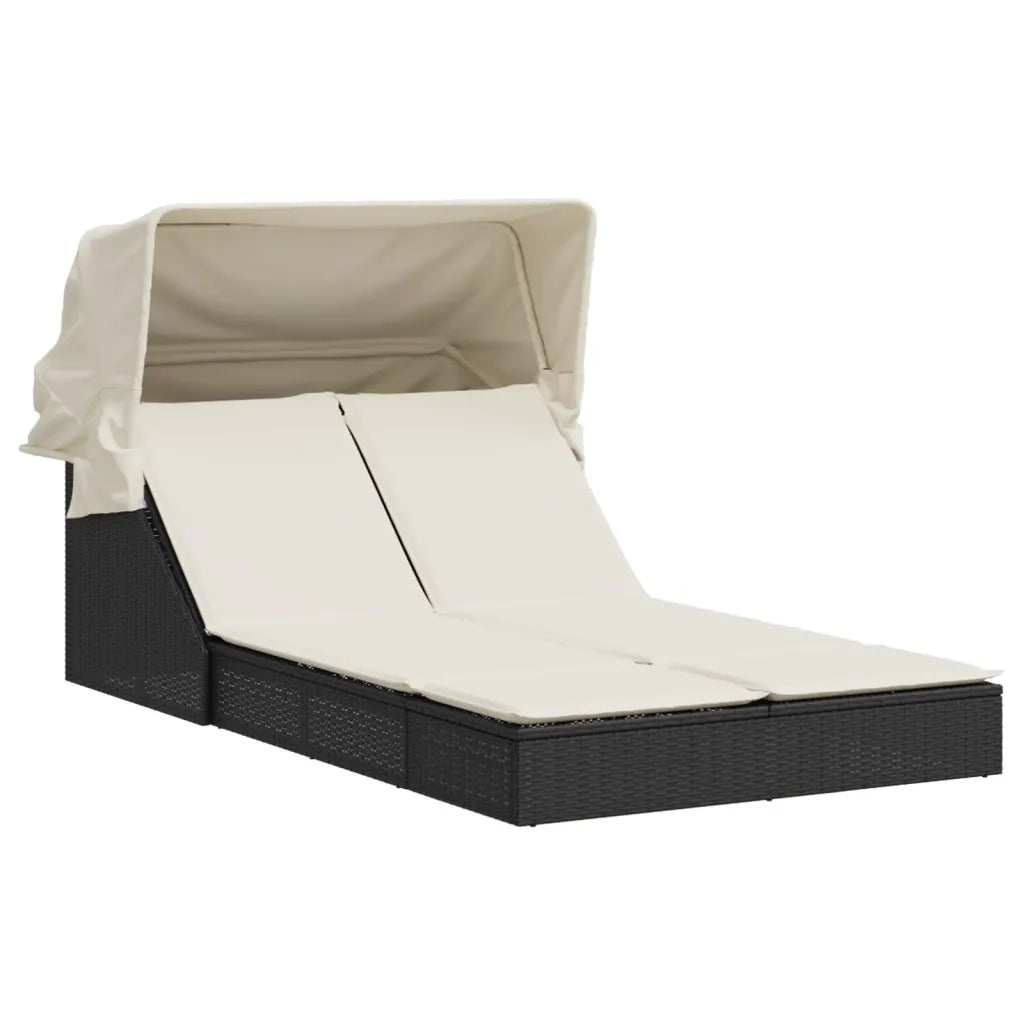 Lettino Prendisole Doppio Baldacchino e Cuscini Nero Polyrattan 368637