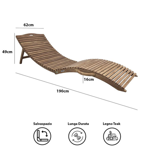 Lettino Prendisole Ondulato Paraiso 190x62x49 cm a Doghe in Legno Teak