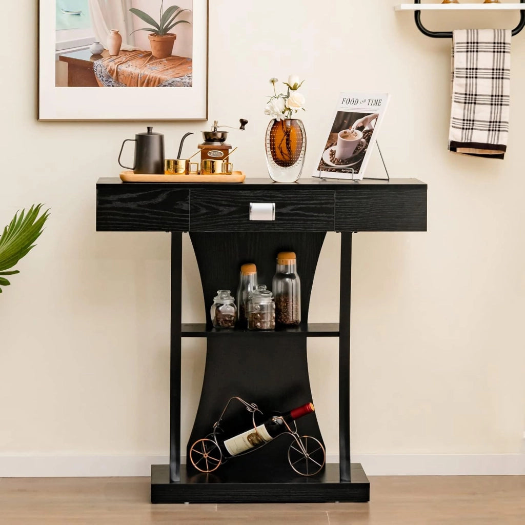 Tavolo Consolle in Legno, Tavolo Ingresso con Cassetti, Ripiani e 2 Kit Anti-ribaltamento, Tavolo Multiuso e Salvaspazio per Salotto, Camera da Letto e Corridoio, 91 x 30 x 88 cm (Nero)