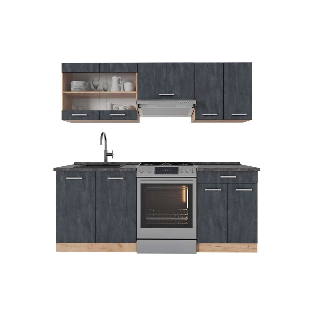 Mobile da cucina R-Line Calce nera/Rovere dorato 200 cm PL Antracite Vicco