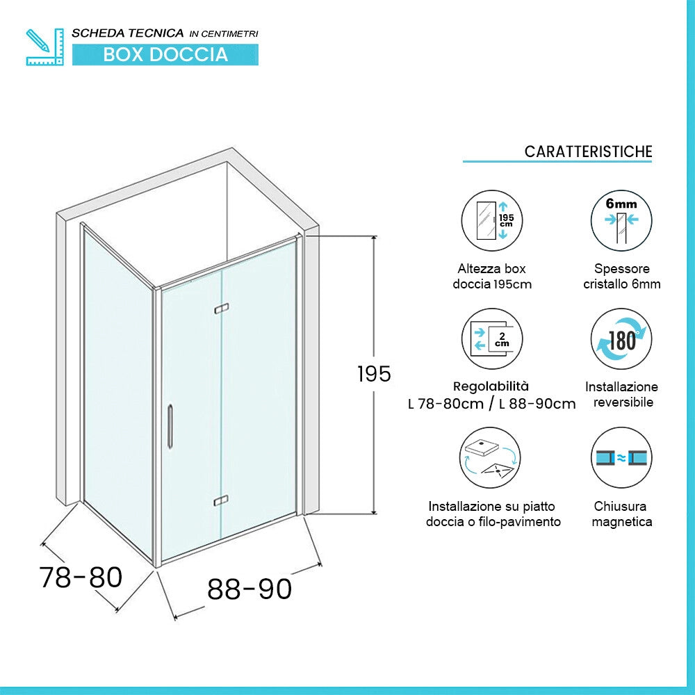 Box doccia angolare 80x90 con apertura saloon in vetro temperato trasparente con profili cromati Neos