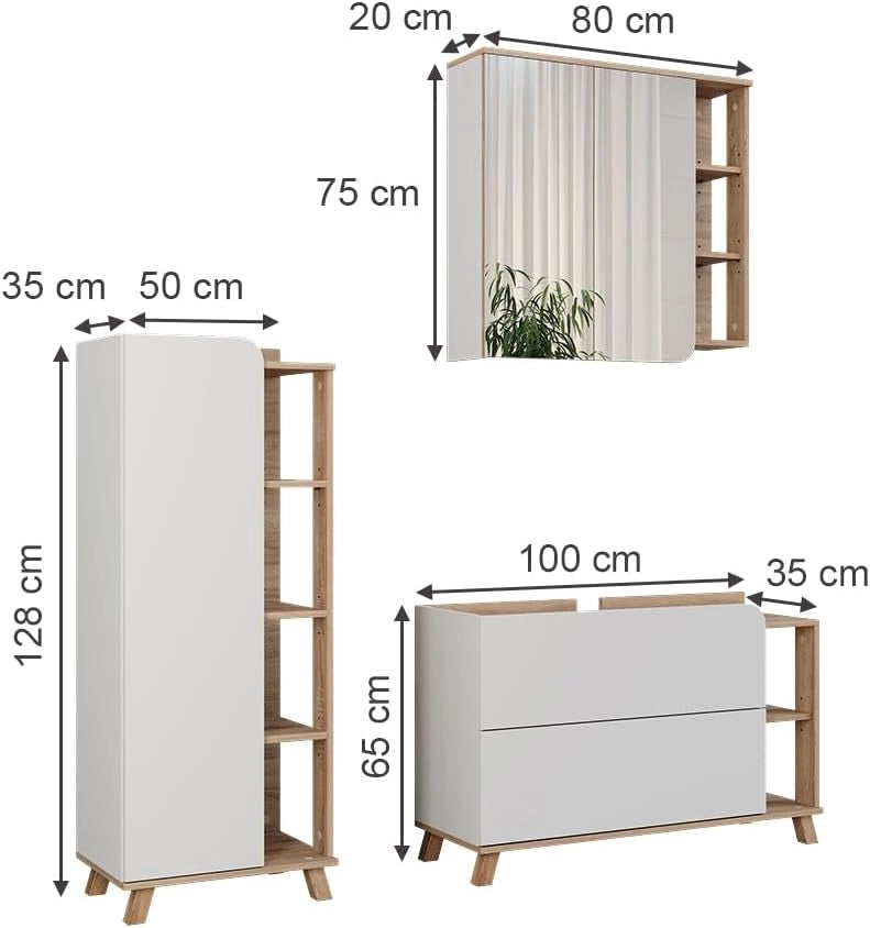 Set di mobili da bagno Karen, Sonoma/Bianco, 100 cm, composto da mobile sottolavabo, specchiera e mobile medio