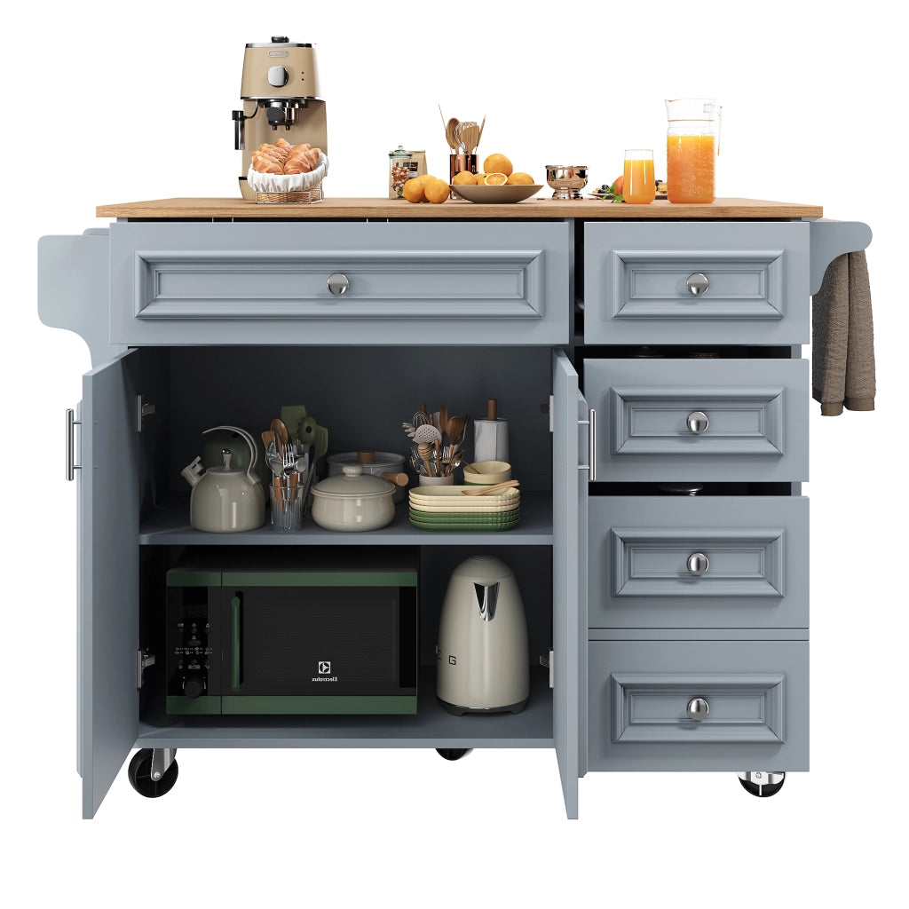 Carrello da Cucina con Cassetti e Ripiani Regolabili; Piano Ribaltabile; per Cucina; in MDF; Azzurro