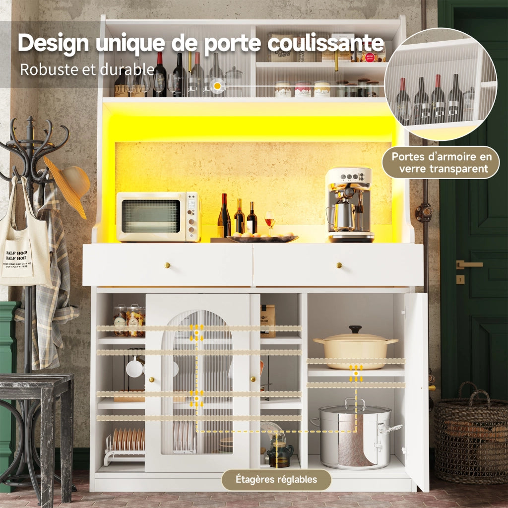OKWISH Credenza Alta con 2 Cassetti e Ripiani Regolabili, LED, per Cucina o Sala da Pranzo, MDF, Bianco, 120 x 40 x 180 cm