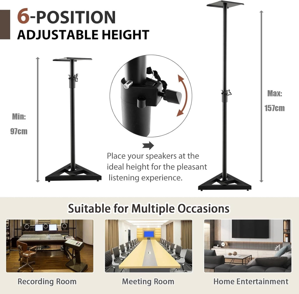 Set di 2 Supporti per Altoparlanti da Pavimento, Regolabile in Altezza da 97 a 157 cm, Stabile con Struttura a 3 Zampe, Vassoio in Metallo fino a 50 kg, Stativi per Casse Audio, Nero