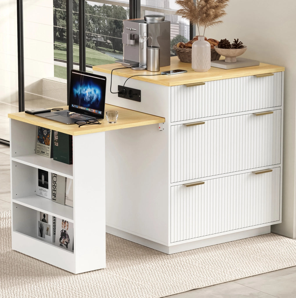 Isola cucina con tavolo estraibile, LED e prese USB, bianca