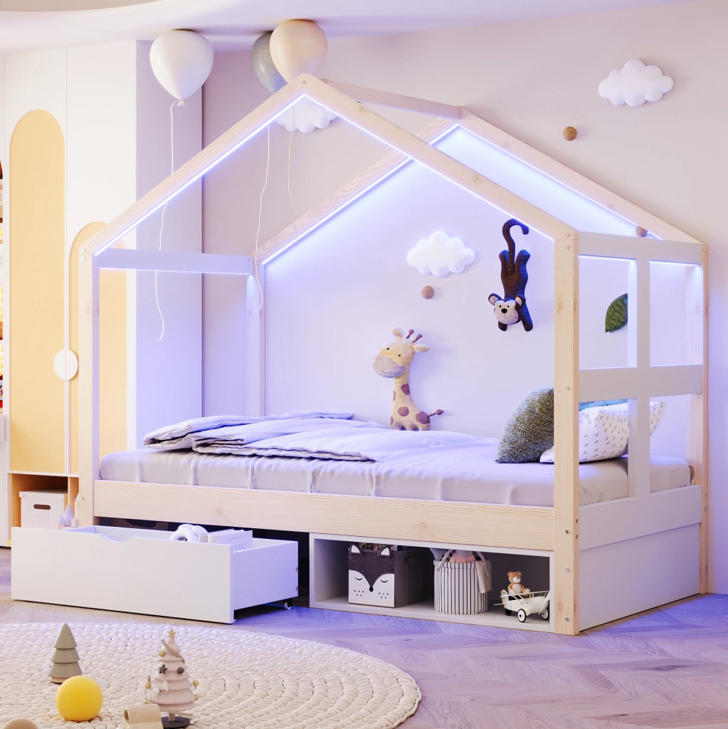 Letto singolo a casetta 90x190 cm in legno naturale con cassetto; scarpiera e LED