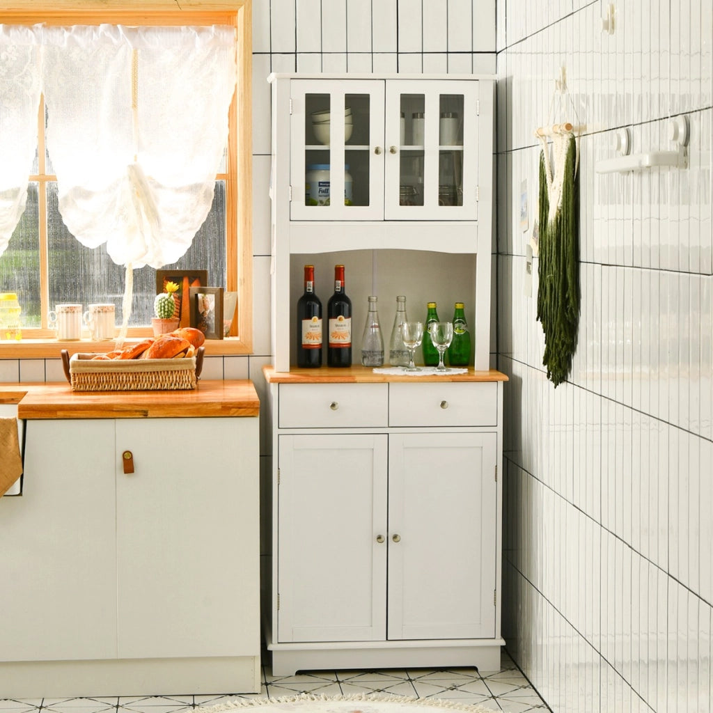 Mobile dispensa da cucina autoportante con piano in legno regolabile-Credenza e 2 cassetti con ante in vetro Bianco