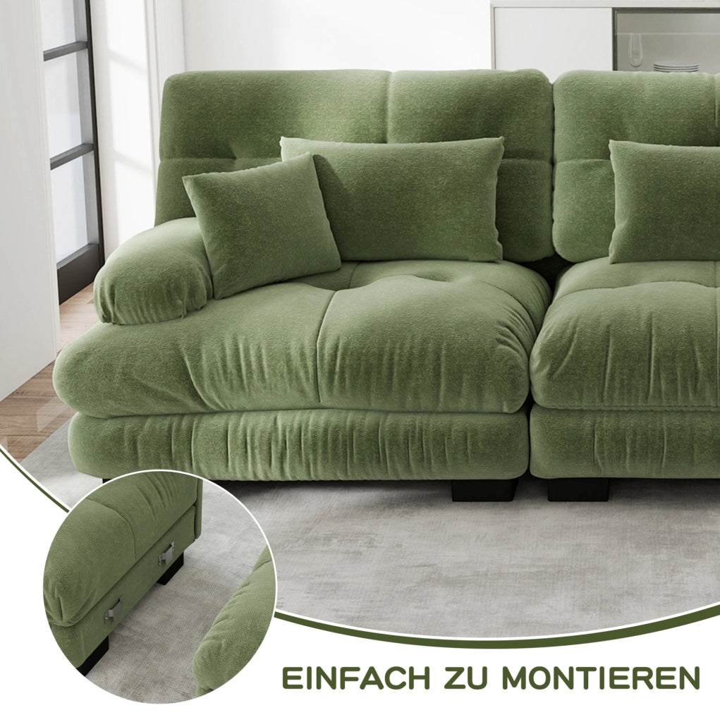 Divano modulare in chenille verde con ottoman mobili; cuscini lombari e braccioli ampi