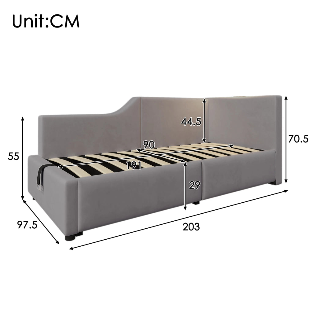 LETTO Tagesbett 90x190 cm in velluto grigio con lampada da lettura e USB-C