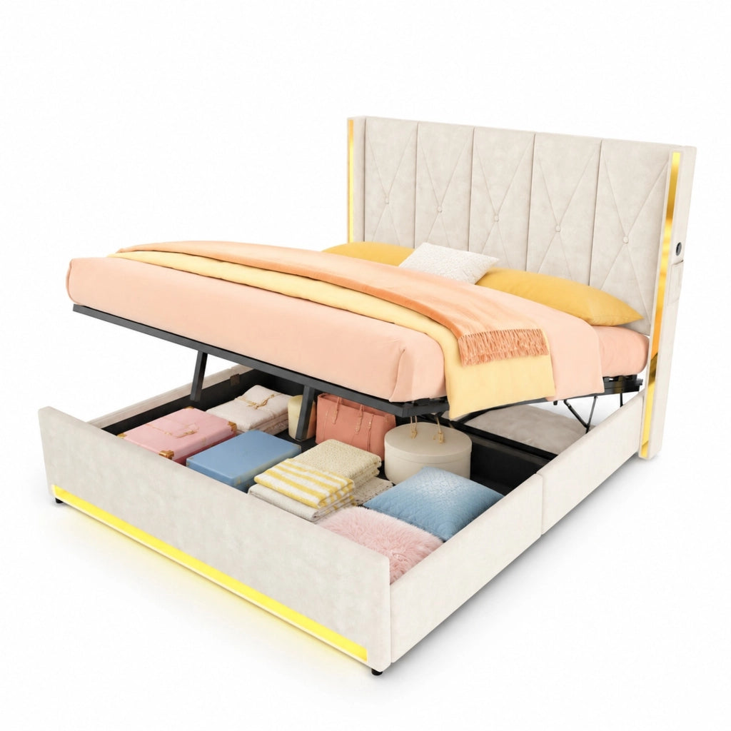 Letto matrimoniale 180x200 cm in velluto beige con testiera alta; LED; USB e contenitore