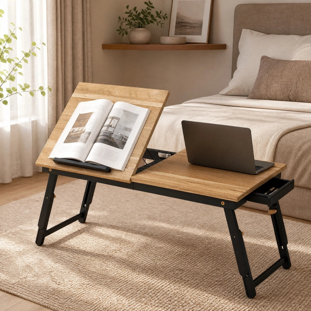 Tavolino da letto 83.5x33x23.5-34 cm regolabile e pieghevole in bambù naturale