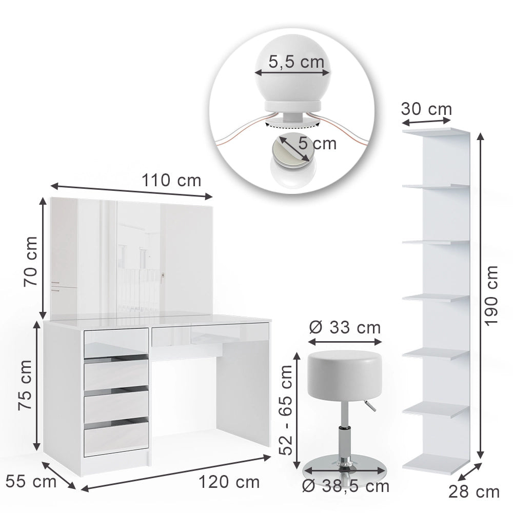 Vicco Tavolino da toilette Bianco 4 pezzi, con ripiano portaoggetti, specchio, sgabello, LED