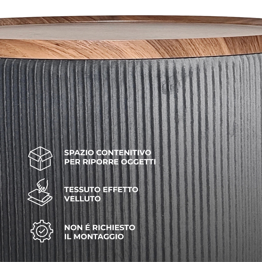 Set 2 Pouf Contenitore Rotondi in Velluto con Coperchio in Legno, Tavolino da Salotto Moderno, Pouf Contenitore Multiuso, Pouf Poggiapiedi, Tavolino Contenitore Salvaspazio Grigio Scuro