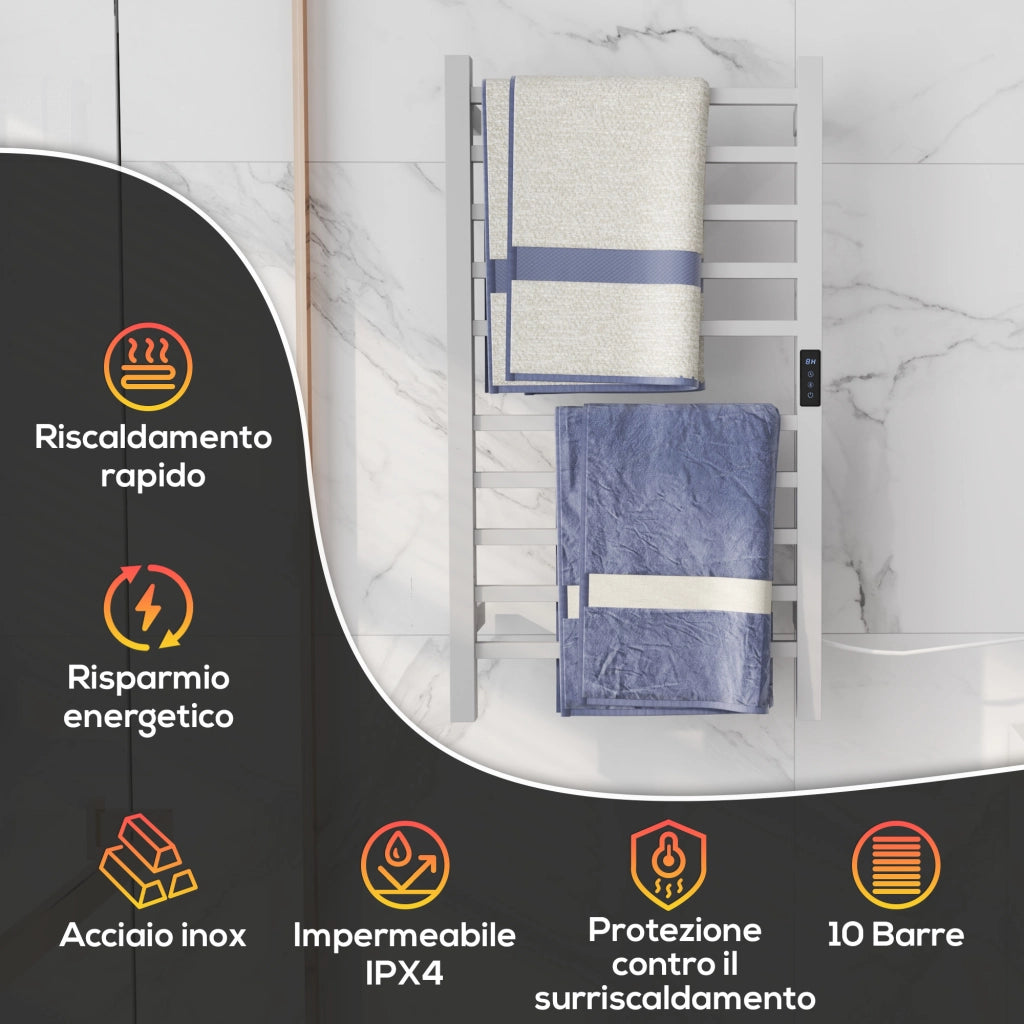Scaldasalviette Elettrico Smart ¨C Xylo ¨C 10 Barre, Acciaio Inox, Timer LCD, 45x11x80 cm, Bianco