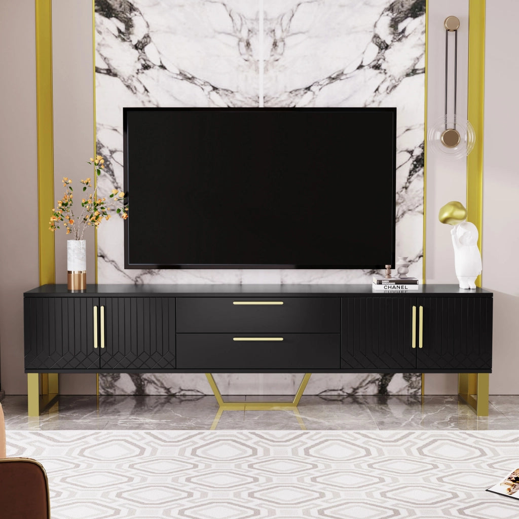 Mobile TV Lucido ¨C MINIMAL ¨C Bianco con Ante Incise, Gambe e Maniglie Dorate