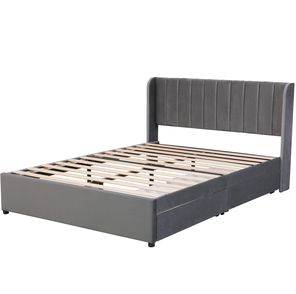 Letto imbottito 140x200 cm con testiera alta e 2 cassetti; velluto grigio (Senza materasso)