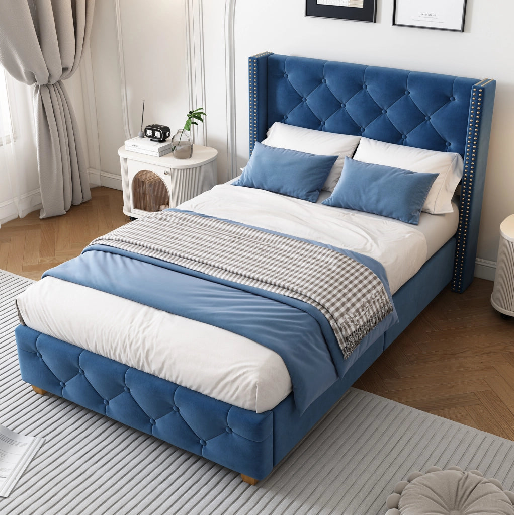 Letto imbottito 90x200 cm in velluto blu con testiera imbottita e rete a doghe