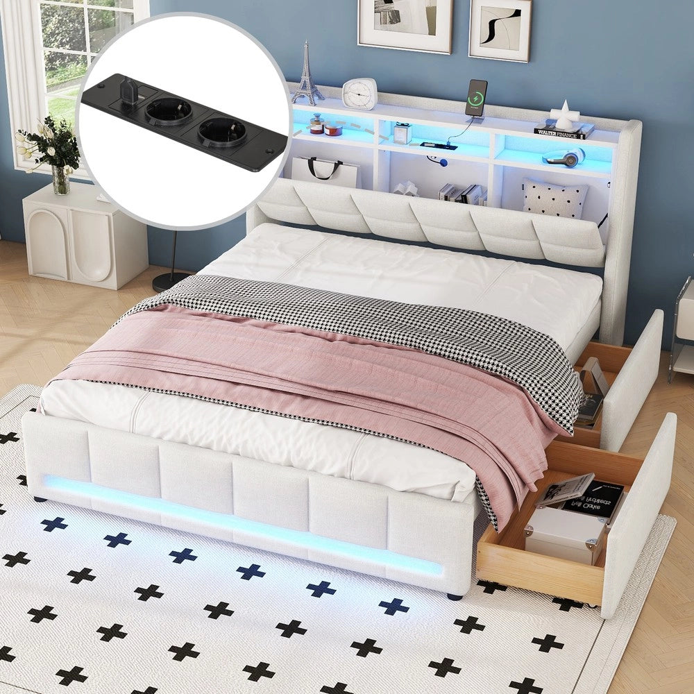 Letto Imbottito con Cassetti e LED ¨C MINIMAL ¨C Lino Beige 140x200