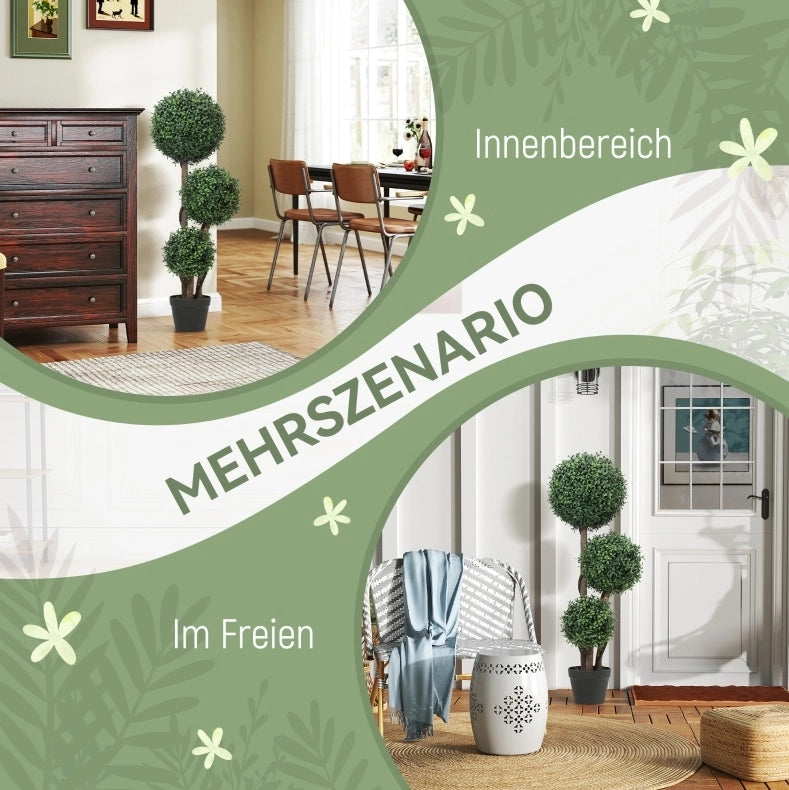 Bosso artificiale a tre sfere 30 x 30 x 100 cm in plastica verde con vaso