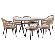 Set da giardino 6 posti in rattan sedie con cuscini di colore rosa e tavolo in vetro giardino terrazzo stile boho