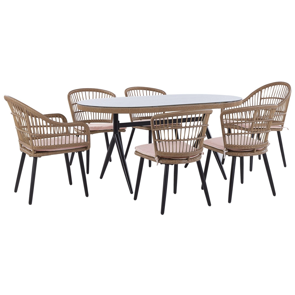 Set da giardino 6 posti in rattan sedie con cuscini di colore rosa e tavolo in vetro giardino terrazzo stile boho
