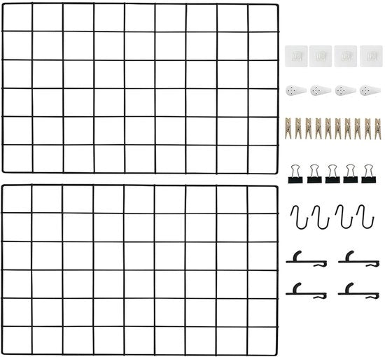 Organizzatore per parete multifunzionale in metallo con clip e ganci, pannello per foto 44x30 cm, bordo per note e decorazione per parete.