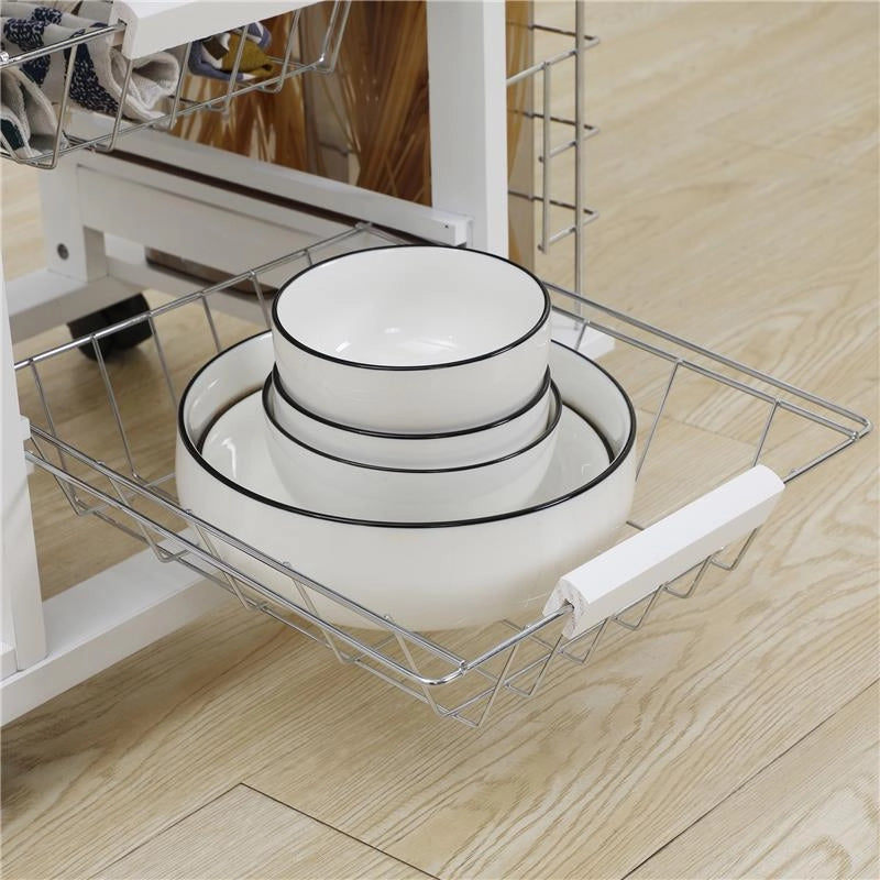 CARRELLO DA CUCINA CON CASSETTO, 4 CESTI E 4 RIPIANI, IN METALLO, CERAMICA E LEGNO, 57X37X83 CM, BIANCO