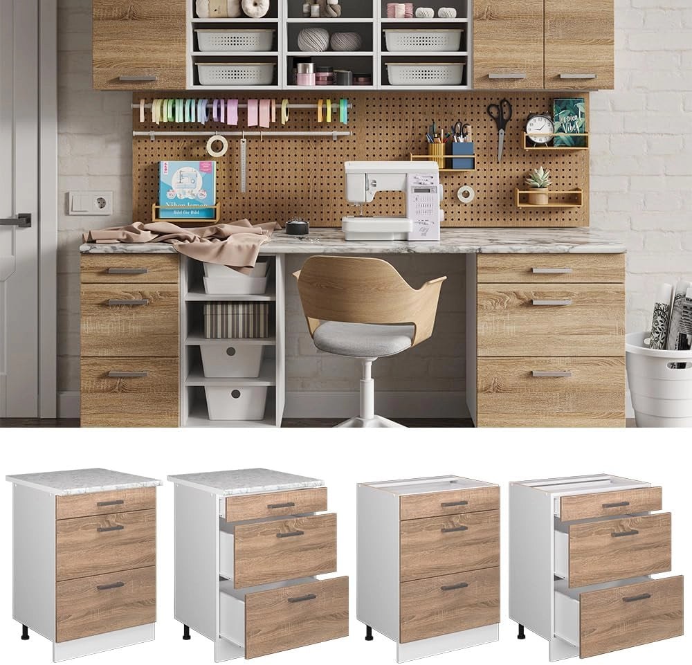 Base universale R-Line, Sonoma, 60 cm con cassetti, adatto per la conservazione di accessori per la pulizia e per la casa