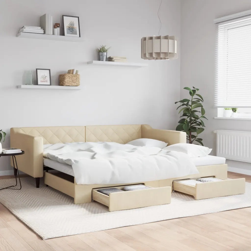 Divano Letto Estraibile con Cassetti-Sofa Letto-Daybed Crema 100x200cm in Tessuto 732748