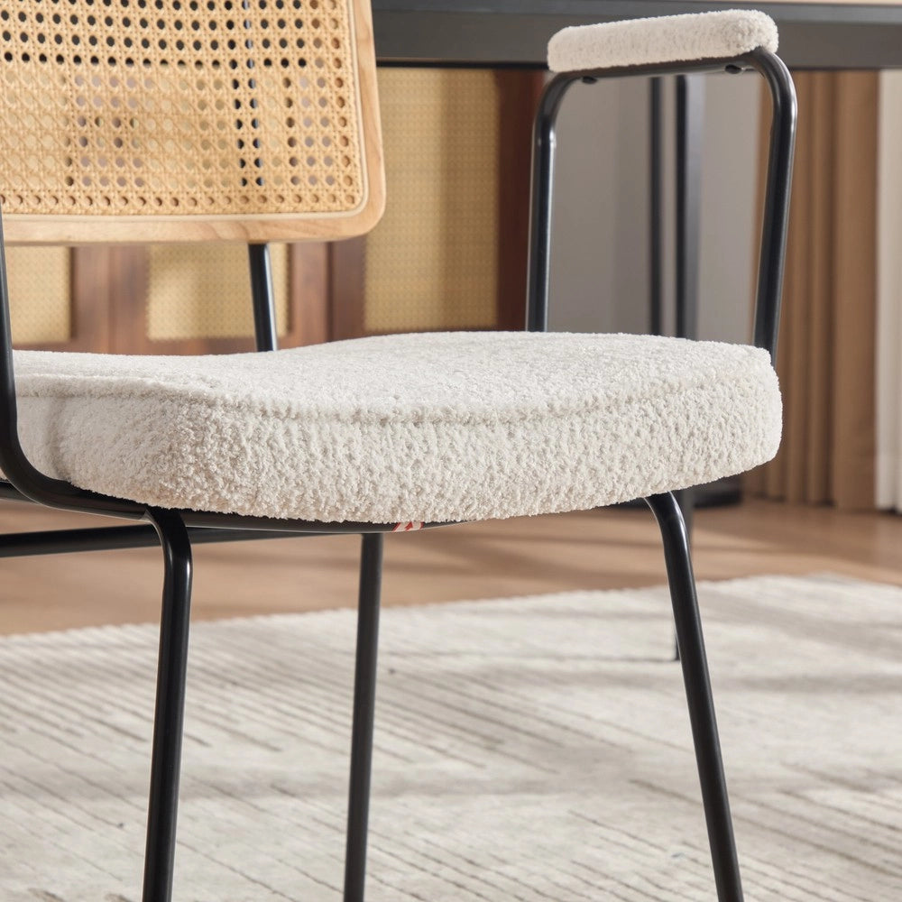 Sedie da Pranzo Set 2 Pezzi ¨C MINIMAL ¨C Velluto Chenille con Braccioli, Gambe Metallo, Effetto Rattan, Avorio