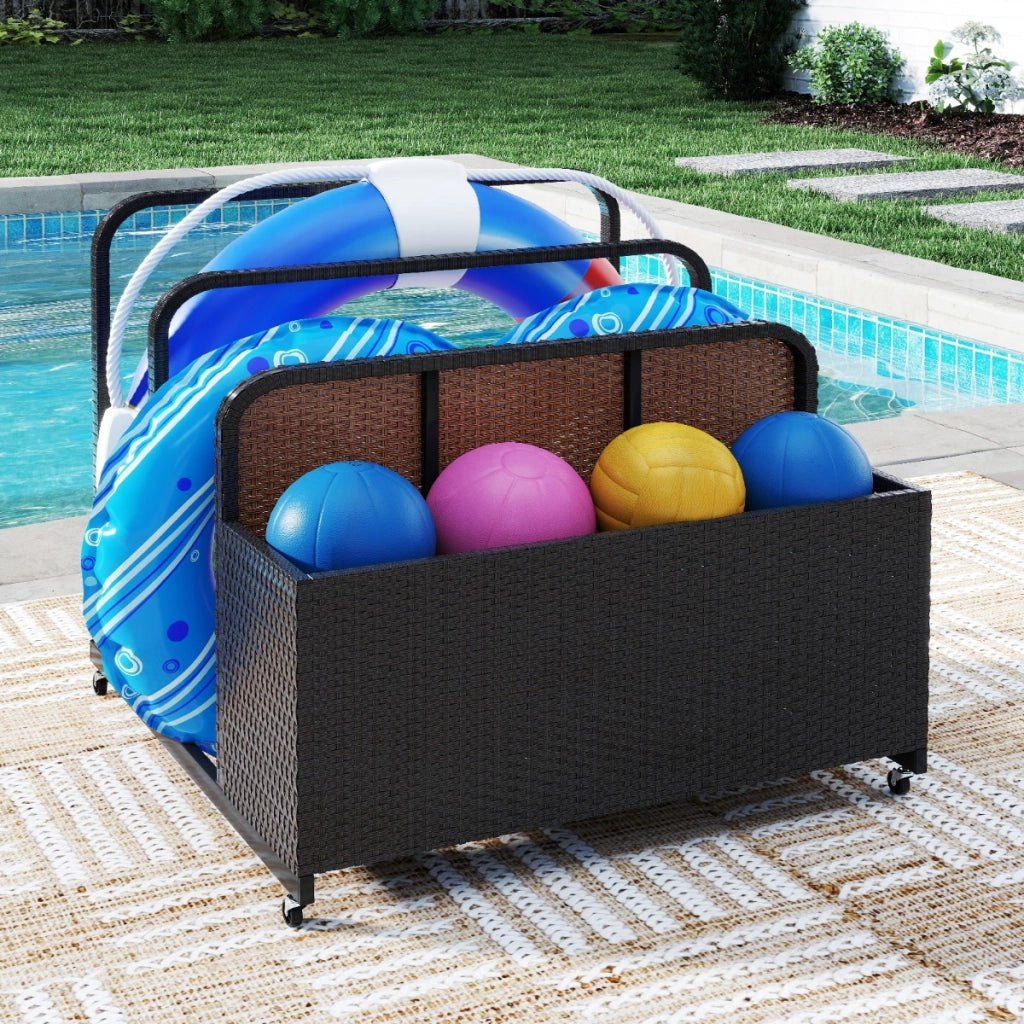 Organizer esterno in rattan per galleggianti da piscina, Cestino portaoggetti su ruote in PE con scomparti per cuscini Marrone-Nuotare