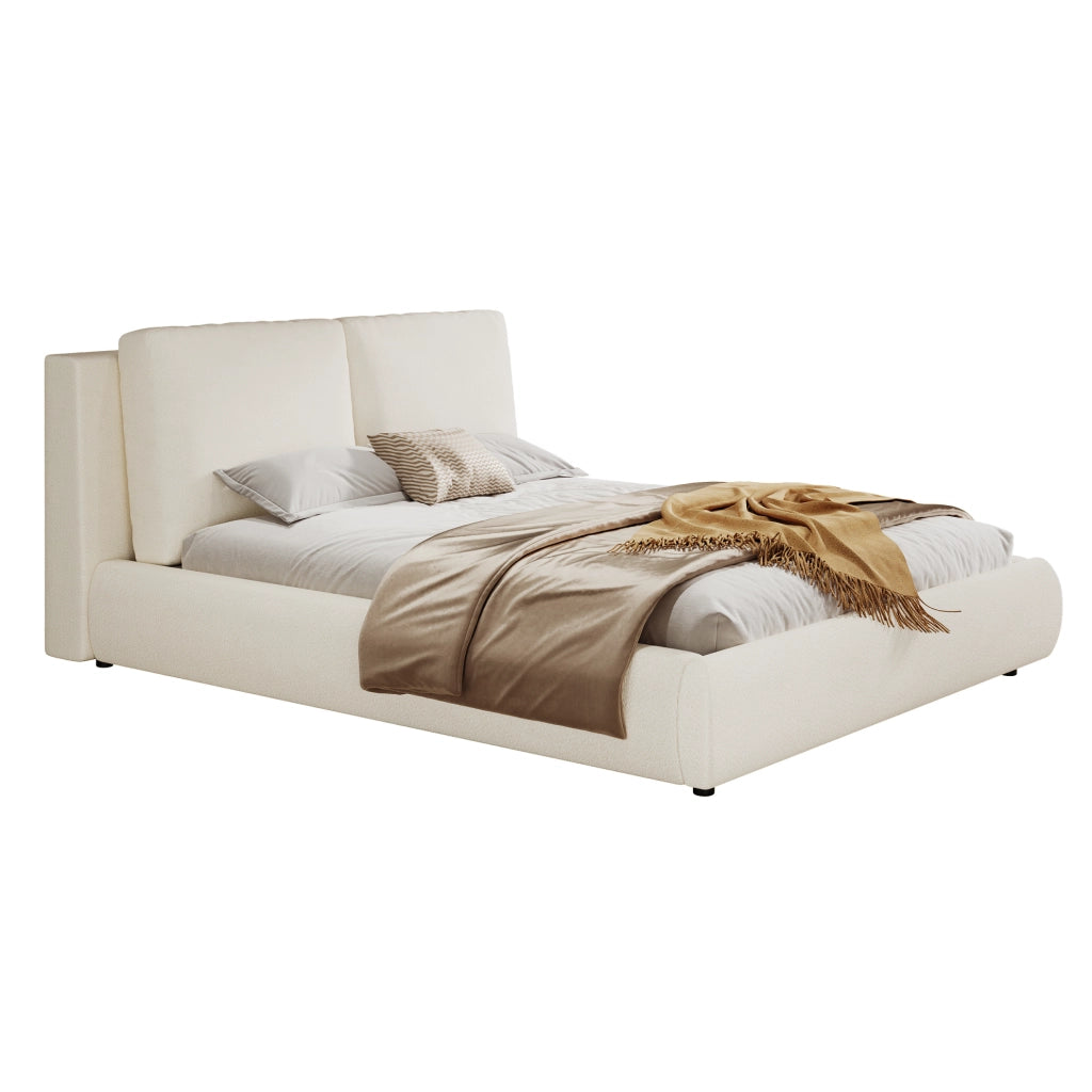 Letto matrimoniale imbottito con testiera ergonomica in bouclé beige e rete a doghe