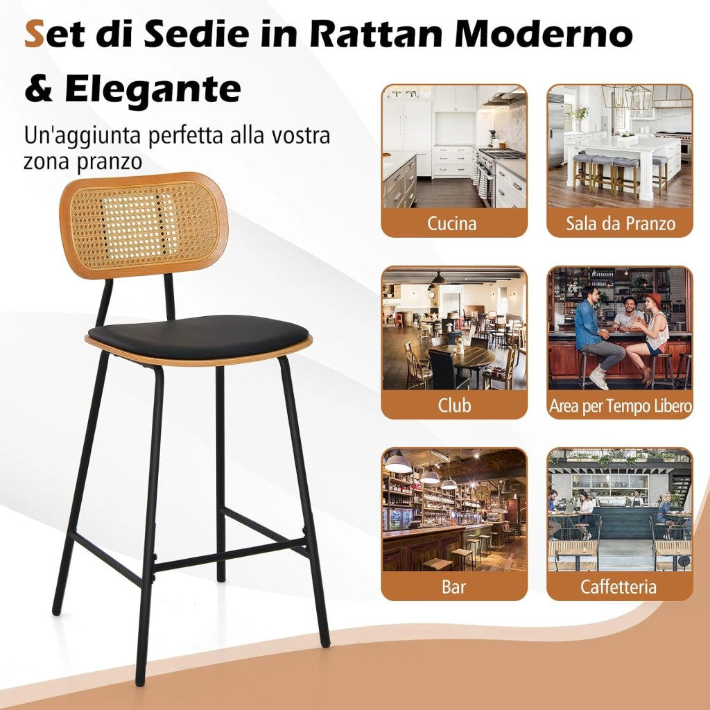 Set di 2 Sgabelli da Bar in Rattan, Sgabelli da Bar con Gambe in Metallo e Schienale in Rattan, Set di 2 Sedie da Bar con Cuscinetti Regolabili, per Cucina, Soggiorno, Bar