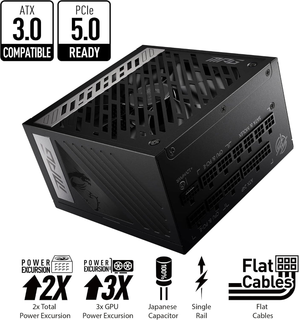 MSI MPG A1000G PCIE5 Alimentatore con spina EU, 1000W, certificato 80 Plus Gold, ATX 3.0 completamente modulare, supporto GPU PCIe 5.0, condensatori giapponesi da 105°C, cavi piatti – garanzia 10 anni
