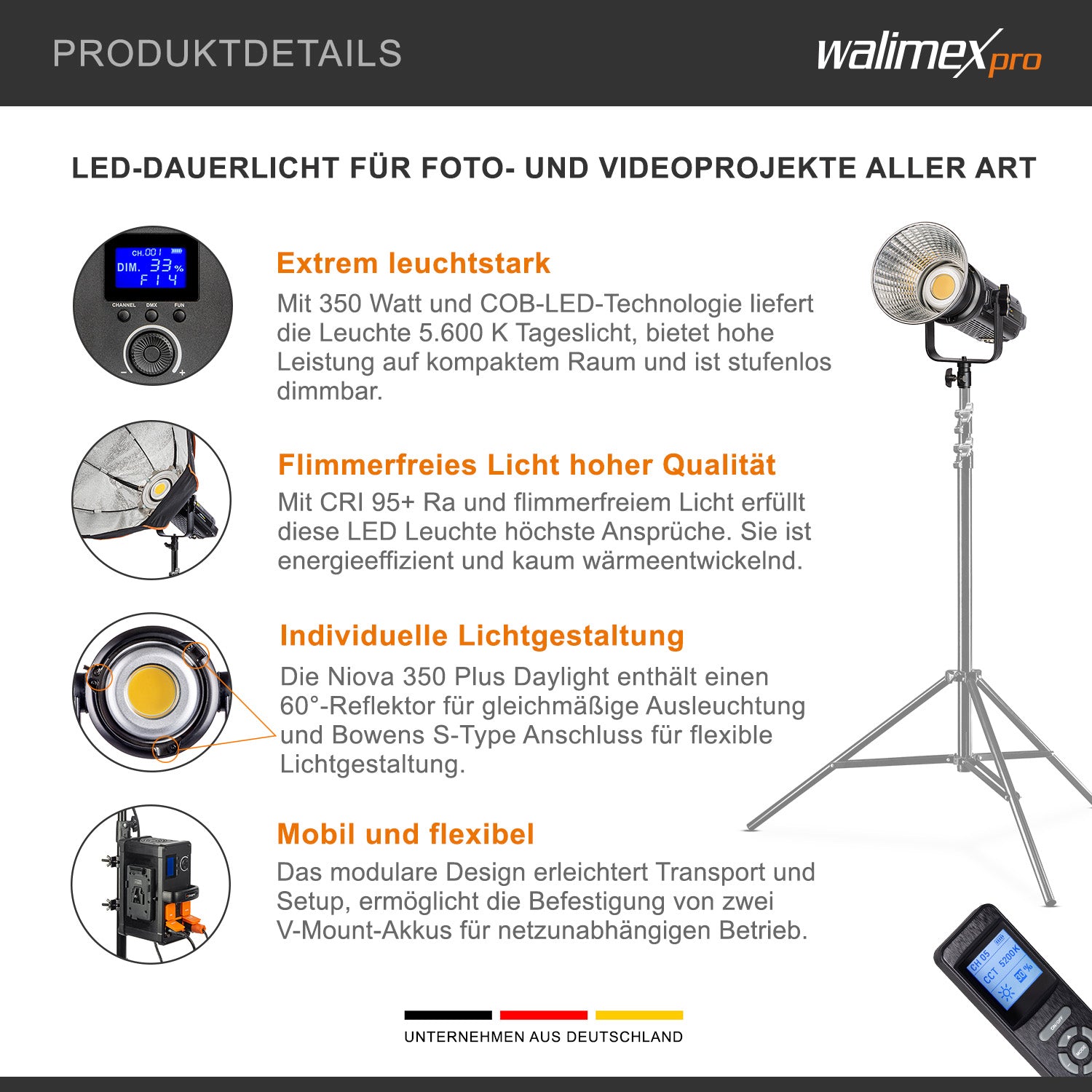 Niova Plus Daylight, Faretto LED per fotografia, luce video 350 W dimmerabile, con riflettore Bowens e diffusore, con tecnologia COB-LED, per studio fotografico