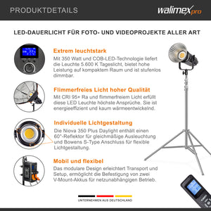 Niova Plus Daylight, Faretto LED per fotografia, luce video 350 W dimmerabile, con riflettore Bowens e diffusore, con tecnologia COB-LED, per studio fotografico
