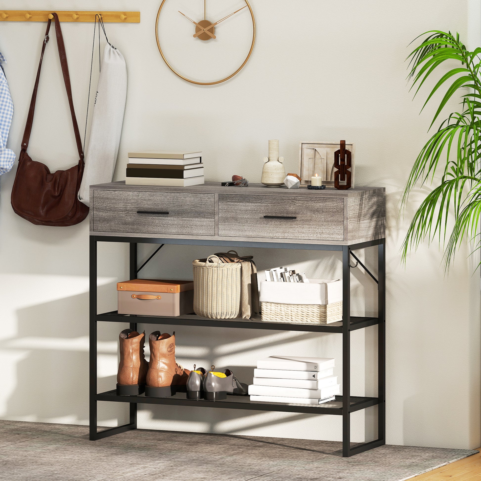 Consolle da Ingresso 100x35x92 cm con 2 Cassetti 2 Ripiani e Gancio Laterale in Legno e Metallo Nero e Legno