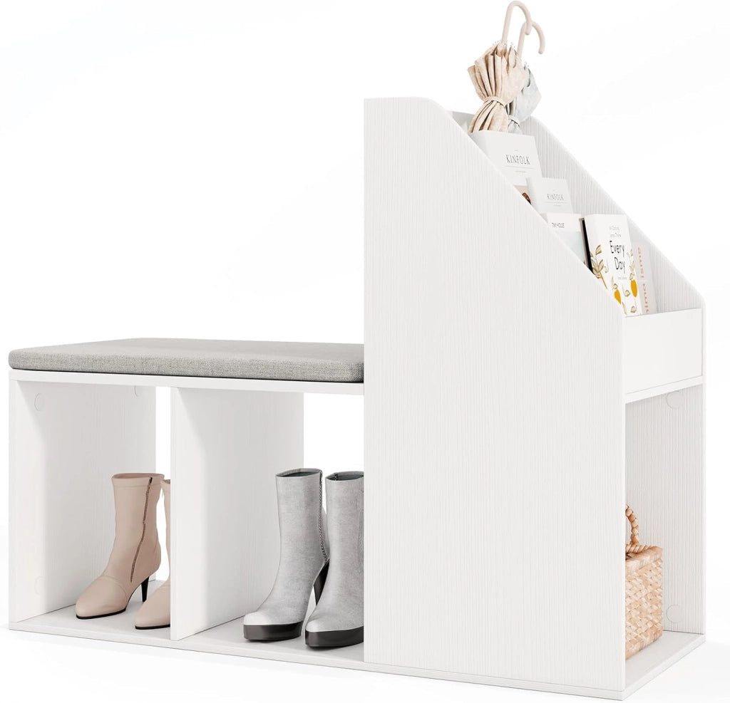Panca Scarpiera con Cuscino Rimovibile e Scaffale 2 in 1, Scaffale Portaoggetti a 3 Cubi e 3 Ripiani per Libri, Panca per Scarpe da Ingresso e Soggiorno, 97 x 40 x 79 cm, Bianco