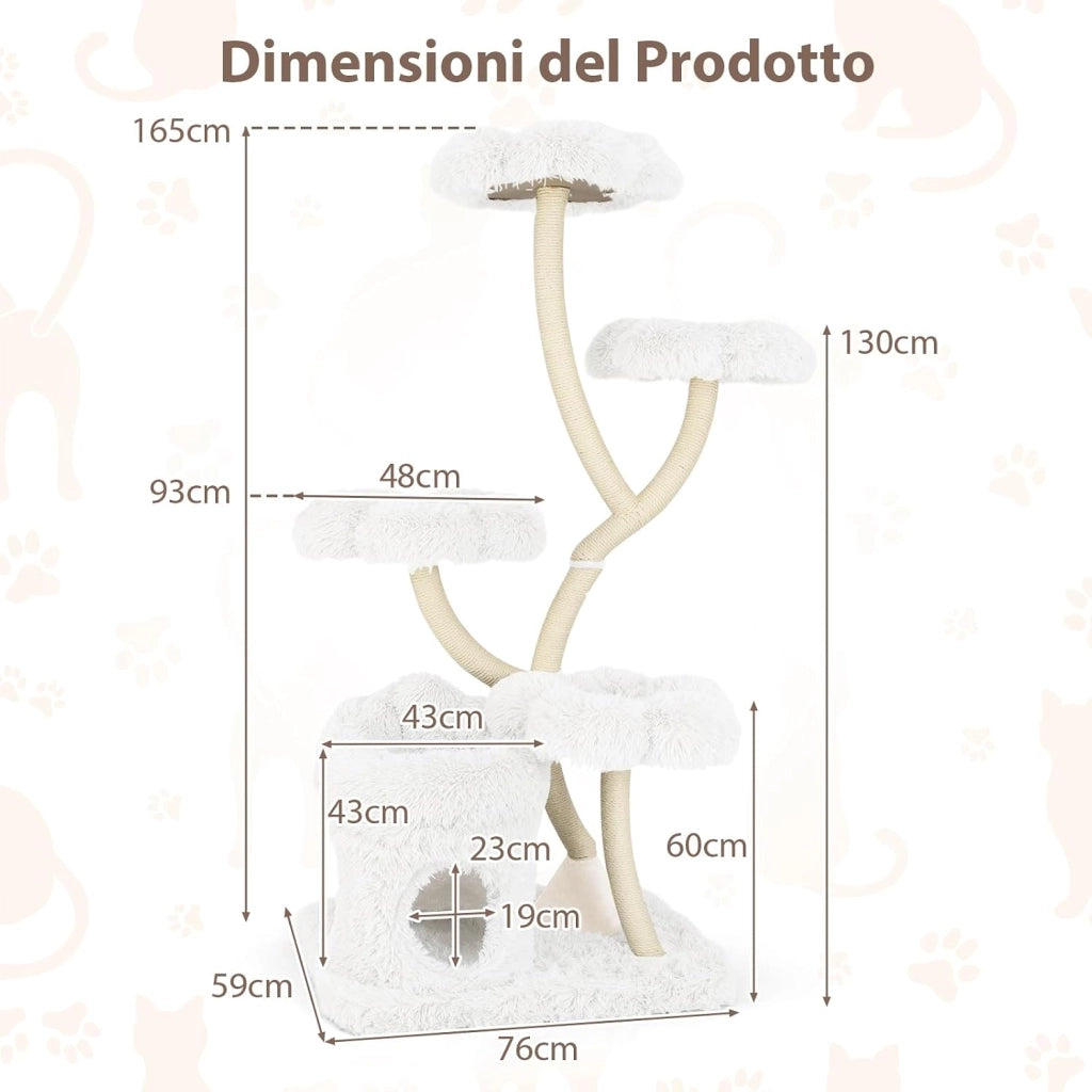 Tiragraffi per Gatti Alto 165cm,Alberi per Gatti con 4 Piattaforme, Tiragraffi in Sisal e Tubo di Supporto Robusto, Mobili per Animali da Interno (Bianco)