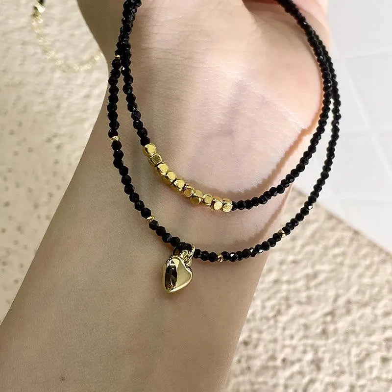 Collana a doppio strato fatta a mano con perline di cristallo nero, regalo d'amore per Natale e compleanno.