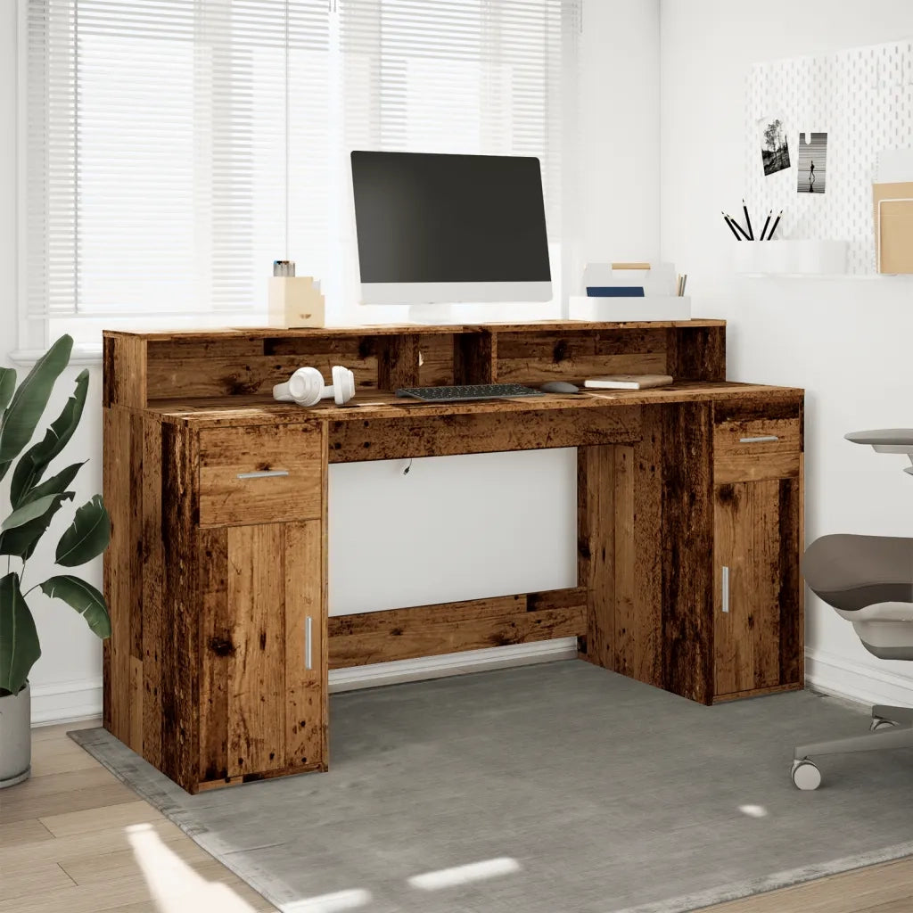 Scrivania | Tavolo da Ufficio con Luci LED Legno Antico 160x55x91 cm in Multistrato