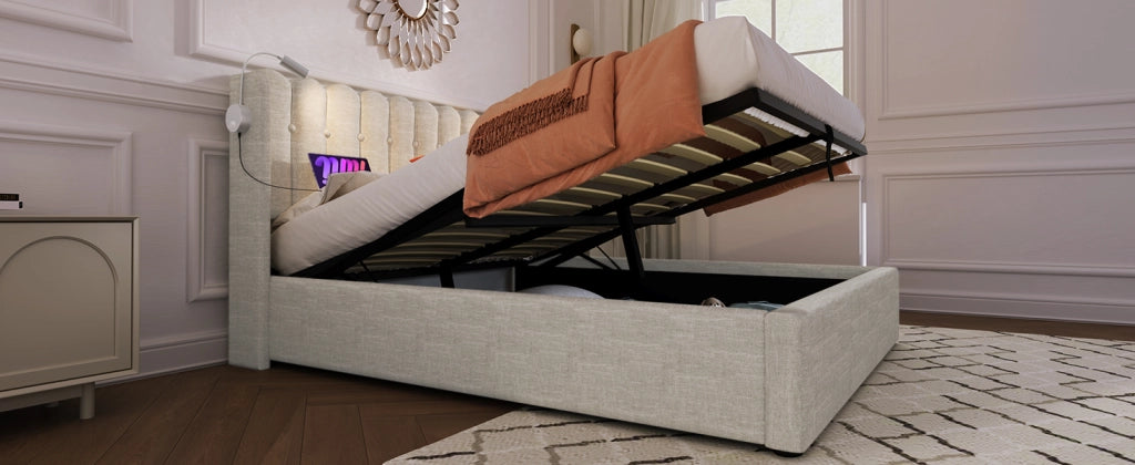 Letto contenitore matrimoniale 140x200 cm con luce da lettura, USB e testiera in lino, colore naturale