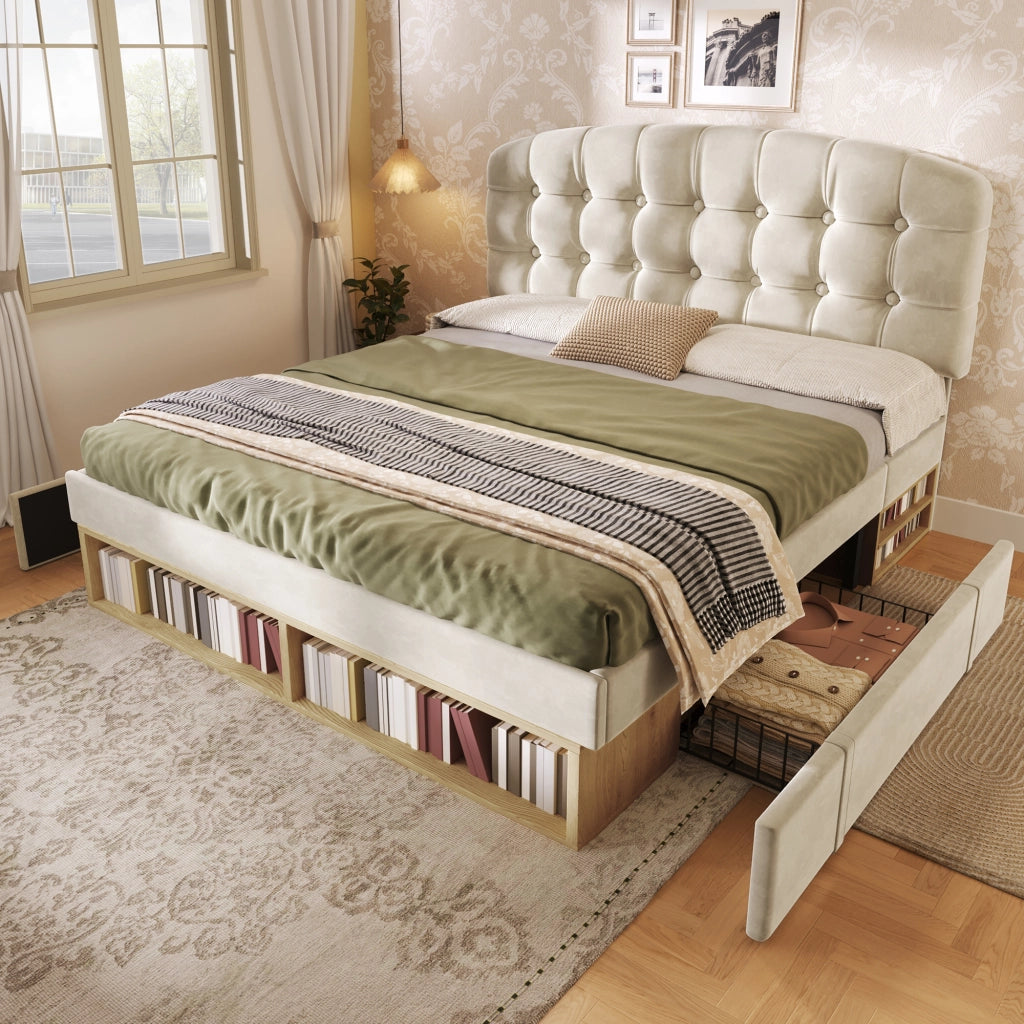 LETTO imbottito 140x200 cm in velluto beige con testiera regolabile e cassetti
