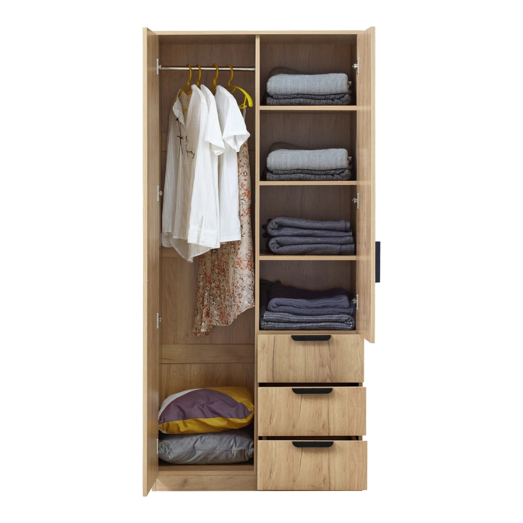 Armadio moderno per camera da letto mobile contenitore senza tempo 1 asta appendiabiti 4 ripiani 3 cassetti MDF 176 x 80 x 52 cm effetto rovere 03_0006370