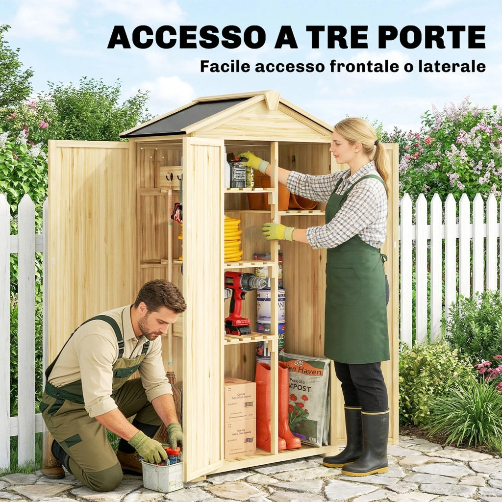Armadio da Giardino 93x53x168 cm a 3 Ante con 4 Ripiani e Ganci in Legno di Abete Naturale