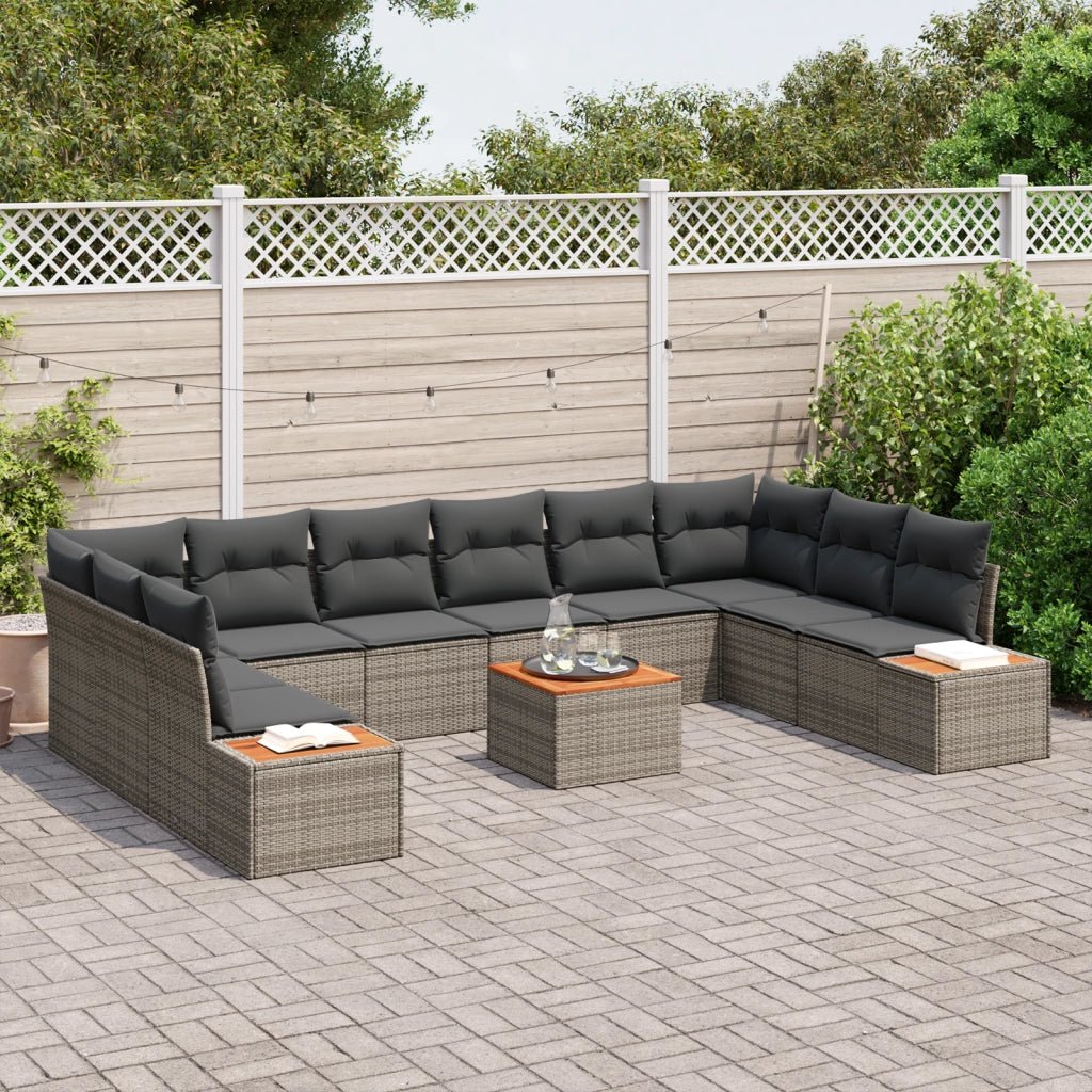 Set di Divano da Giardino da 11 Pezzi con Cuscini Grigio Polyrattan Acacia
