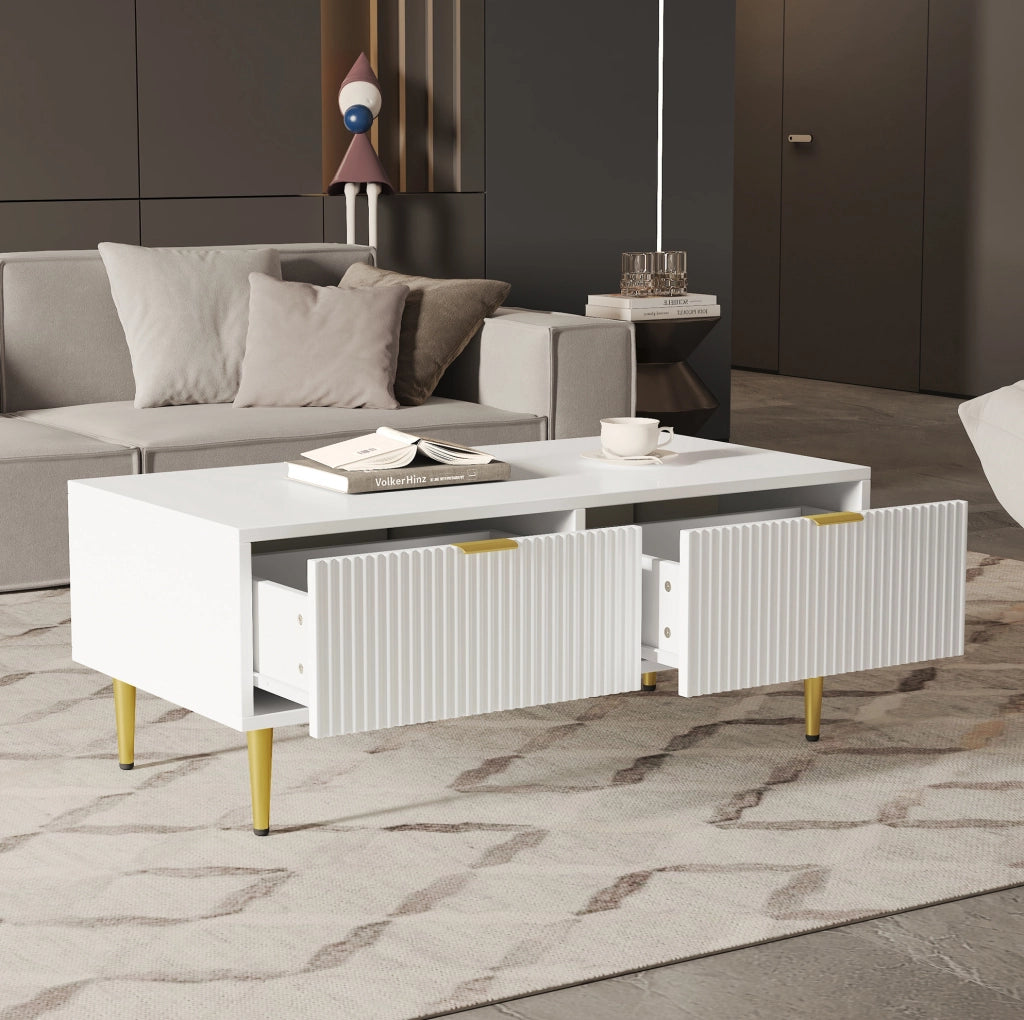 Tavolino da caffè bianco 100x50x40 cm con 2 cassetti; dettagli oro; MDF